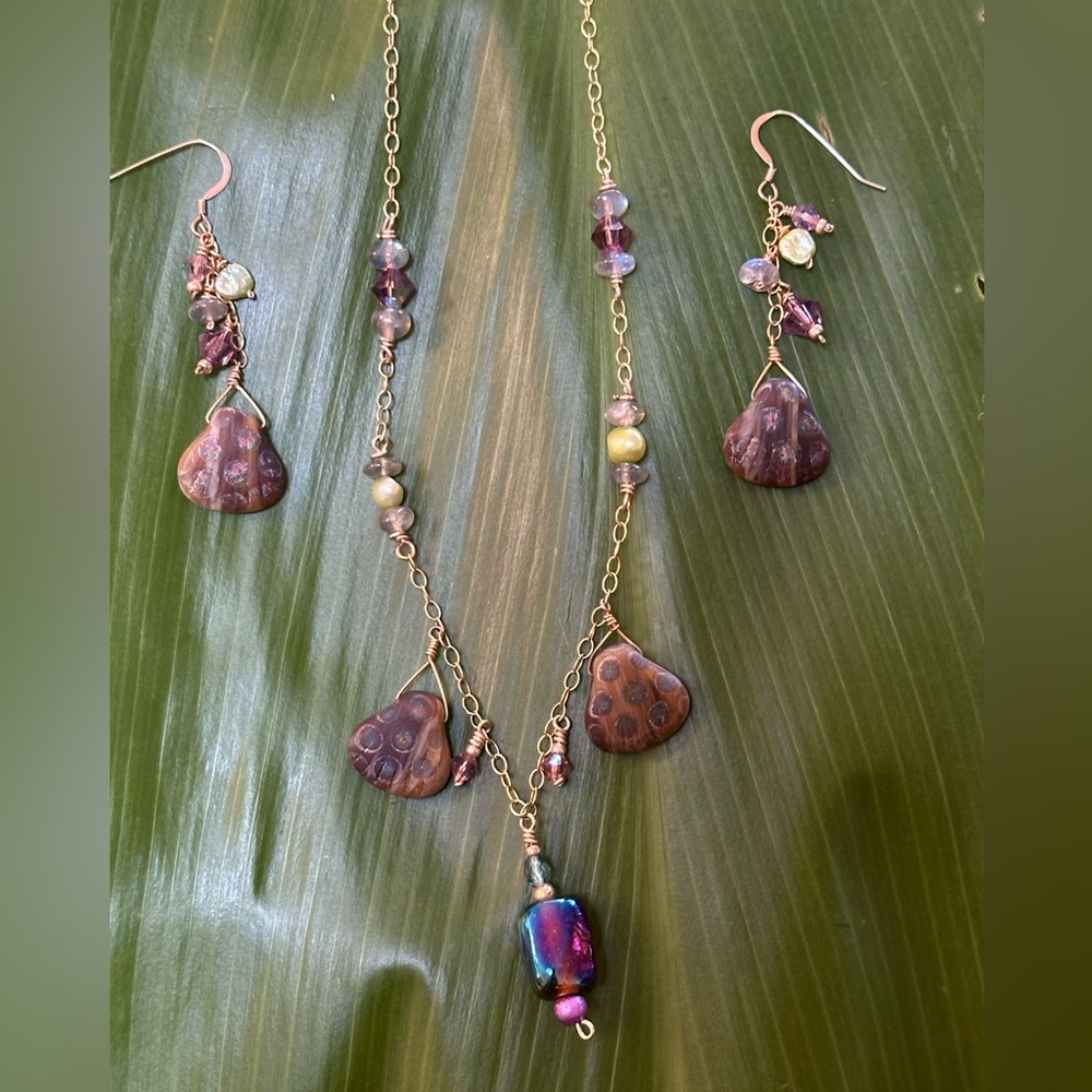 Peacock Inspired Handmade Bead and Crystal Gold Necklace and Earring Set